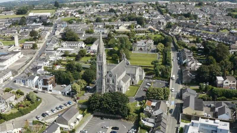 Arial shot of cathedral in Ireland