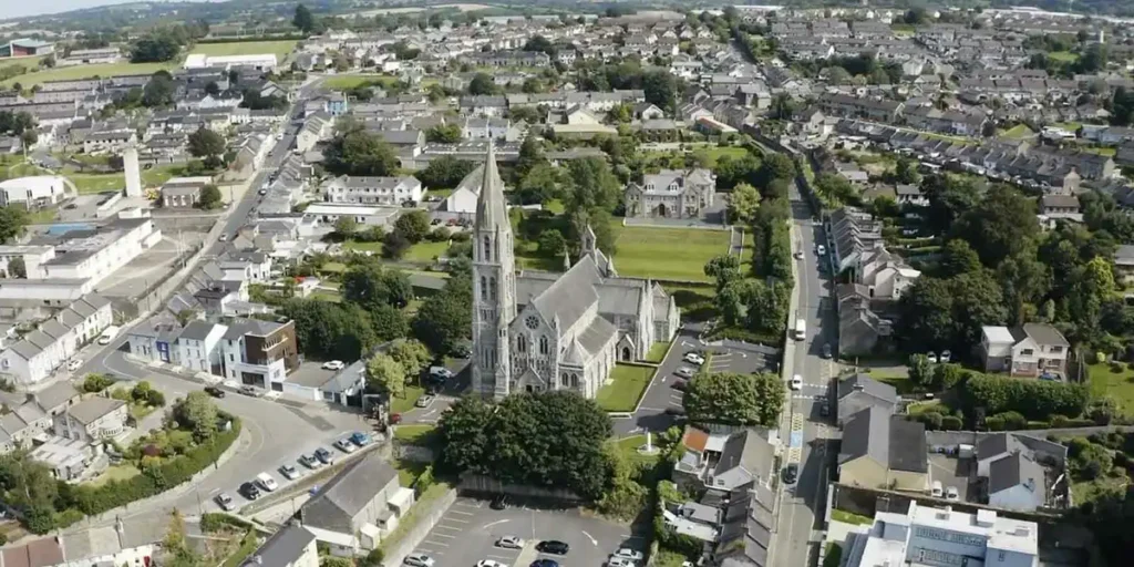 Aerial shot of cathedral in Ireland.